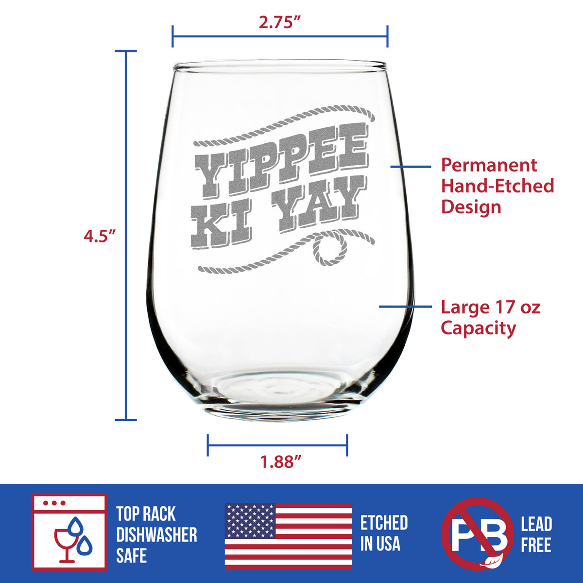 Yippee Ki Yay Engraved Stemless Wine Glass Gifts Country Western Home Decor Large Wine Glasses - 17 oz