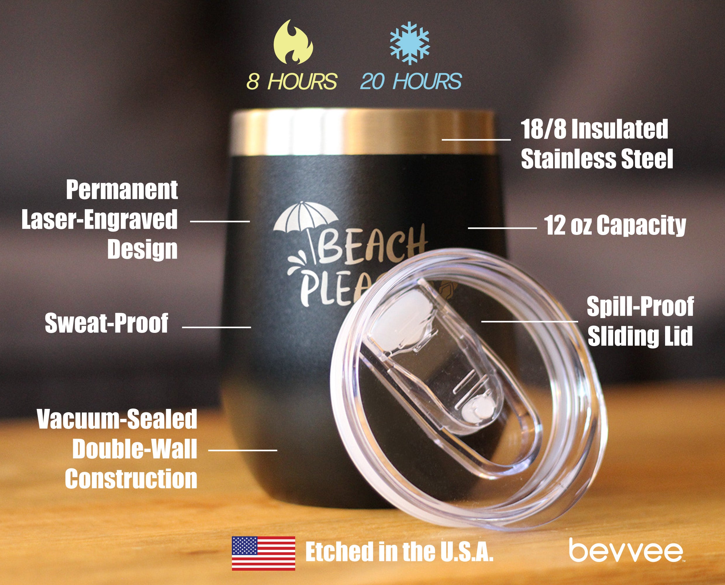 Beach Please - Travel Wine Tumbler with Sliding Lid - Stemless Stainless Steel Insulated Cup - Cute Funny Outdoor Camping Gift