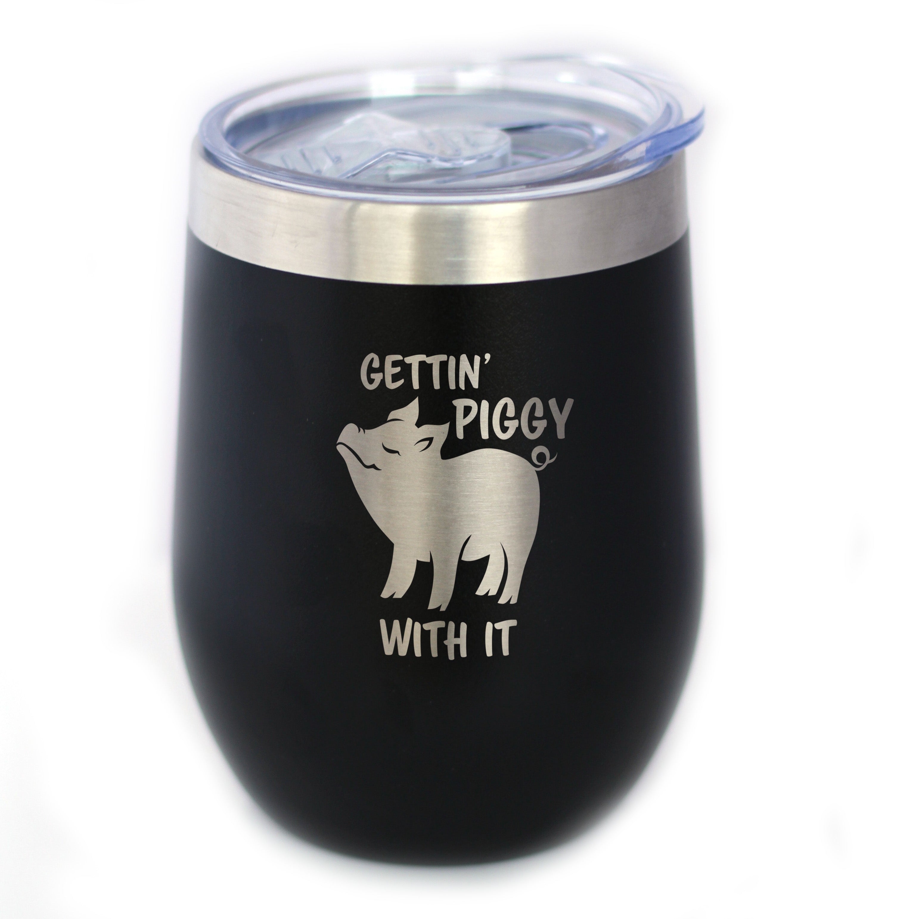 BEVVEE Gettin' Piggy Funny Pig Gifts Stem Less Wine Glass, 17 oz - Clear