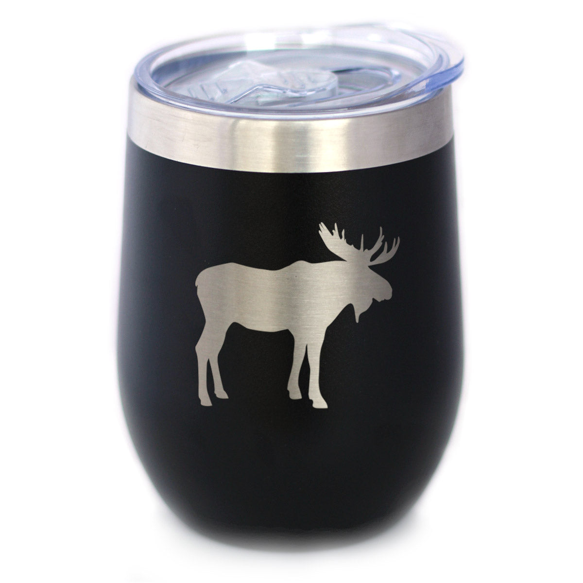 Moose Silhouette - Wine Tumbler with Sliding Lid - Stemless Stainless Steel Insulated Cup - Cute Outdoor Camping Mug