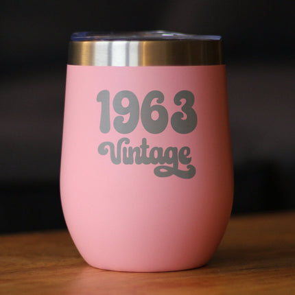 Vintage 1963 - Insulated Wine Tumbler Glass with Sliding Lid - Cute Funny 63rd Birthday Gift for Women or Men Turning 63