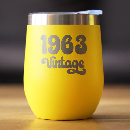 Vintage 1963 - Insulated Wine Tumbler Glass with Sliding Lid - Cute Funny 63rd Birthday Gift for Women or Men Turning 63