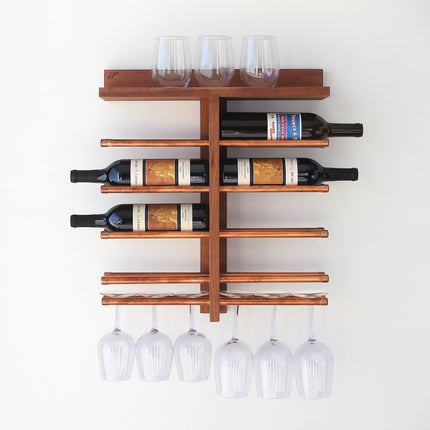 Cherry Wood Wall Mounted Wine Rack - Storage for 8 Bottles & 6 Wine Glasses