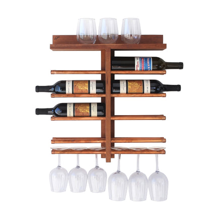 Cherry Wood Wall Mounted Wine Rack - Storage for 8 Bottles & 6 Wine Glasses