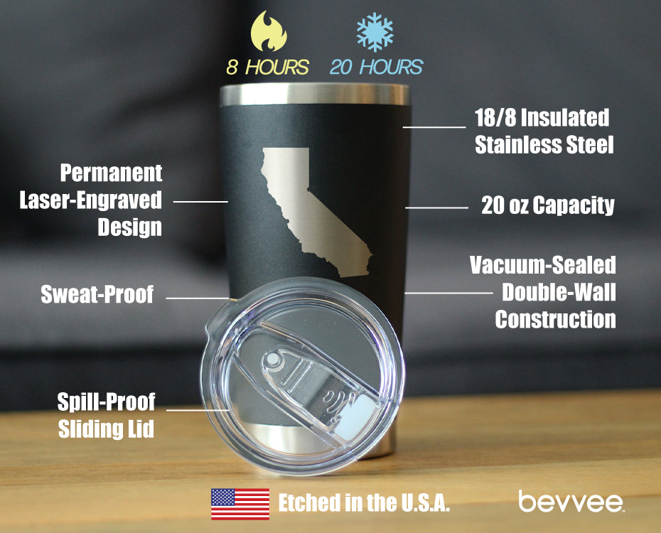 California State Outline - Insulated Coffee Tumbler Cup with Sliding Lid - Stainless Steel Travel Mug - California Gifts for Women and Men Californians