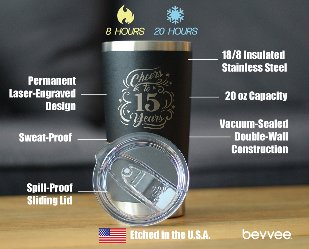 Cheers to 15 Years - Insulated Coffee Tumbler Cup with Sliding Lid - Stainless Steel Insulated Mug - 15th Anniversary Gifts and Party Decor