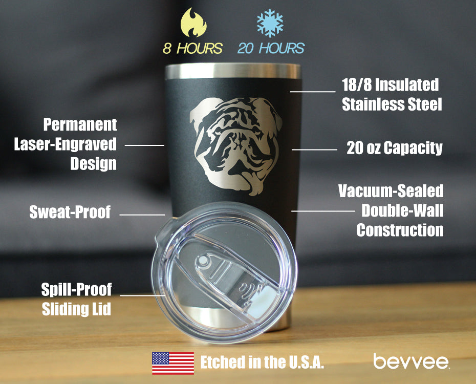 English Bulldog - Insulated Coffee Tumbler Cup with Sliding Lid - Stainless Steel Insulated Mug - Fun Unique Bulldog Themed Décor and Gifts for Men &amp; Women