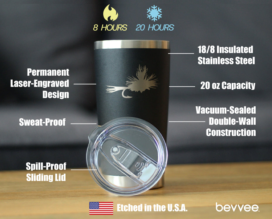 Fishing Fly - Insulated Coffee Tumbler Cup with Sliding Lid - Stainless Steel Mug - Unique Flyfishing Gifts for Fishermen