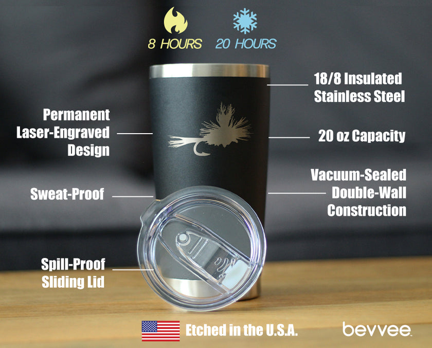 Fishing Fly - Insulated Coffee Tumbler Cup with Sliding Lid - Stainless Steel Mug - Unique Flyfishing Gifts for Fishermen
