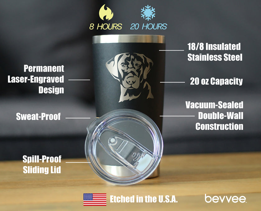Black Lab Face - Labrador Retriever - Insulated Coffee Tumbler Cup with Sliding Lid - Stainless Steel Insulated Mug - Fun Unique Dog Themed Decor Gifts