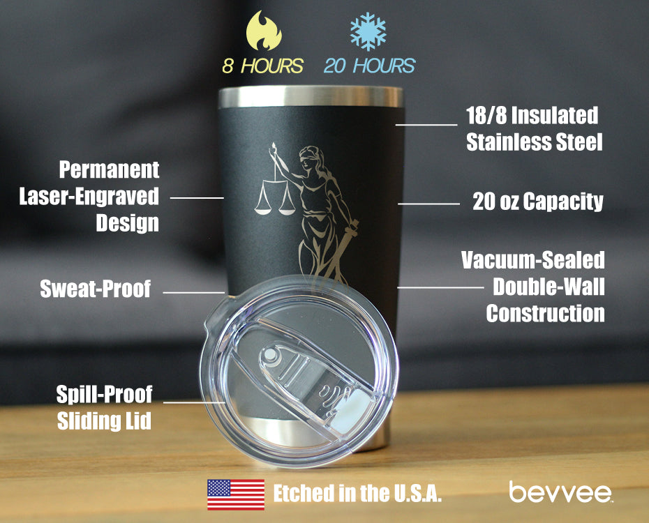 Lady Justice - Insulated Coffee Tumbler Cup with Sliding Lid - Stainless Steel Travel Mug - Unique Lawyer Gifts for Women and Men