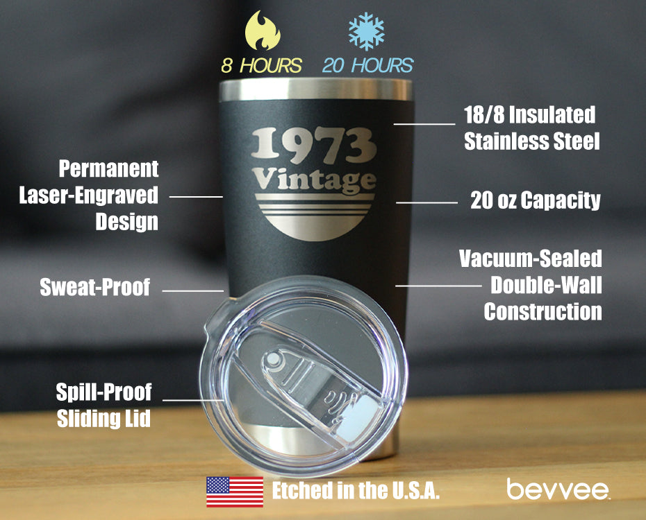 Vintage 1973 - Insulated Coffee Tumbler Cup with Sliding Lid - 20 oz - Funny 52nd Birthday Gift for Women or Men Turning 52