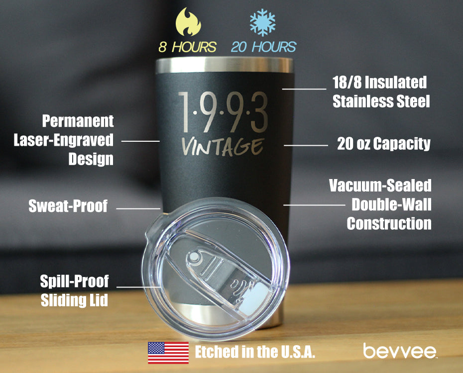 Vintage 1993 - Insulated Coffee Tumbler Cup with Sliding Lid - 20 oz - Funny 32nd Birthday Gift for Women or Men Turning 32