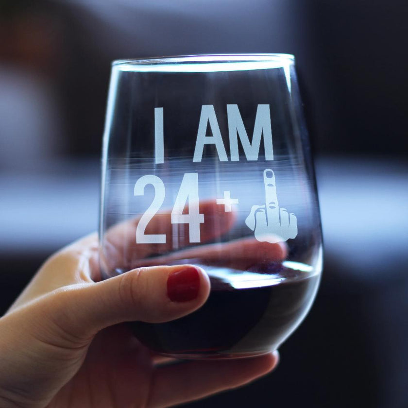 24 + 1 Middle Finger - 25th Birthday Stemless Wine Glass for Women & Men - Cute Funny Wine Gift Idea - Unique Personalized Bday Glasses for Best Friends Turning 25 - Drinking Party Decoration
