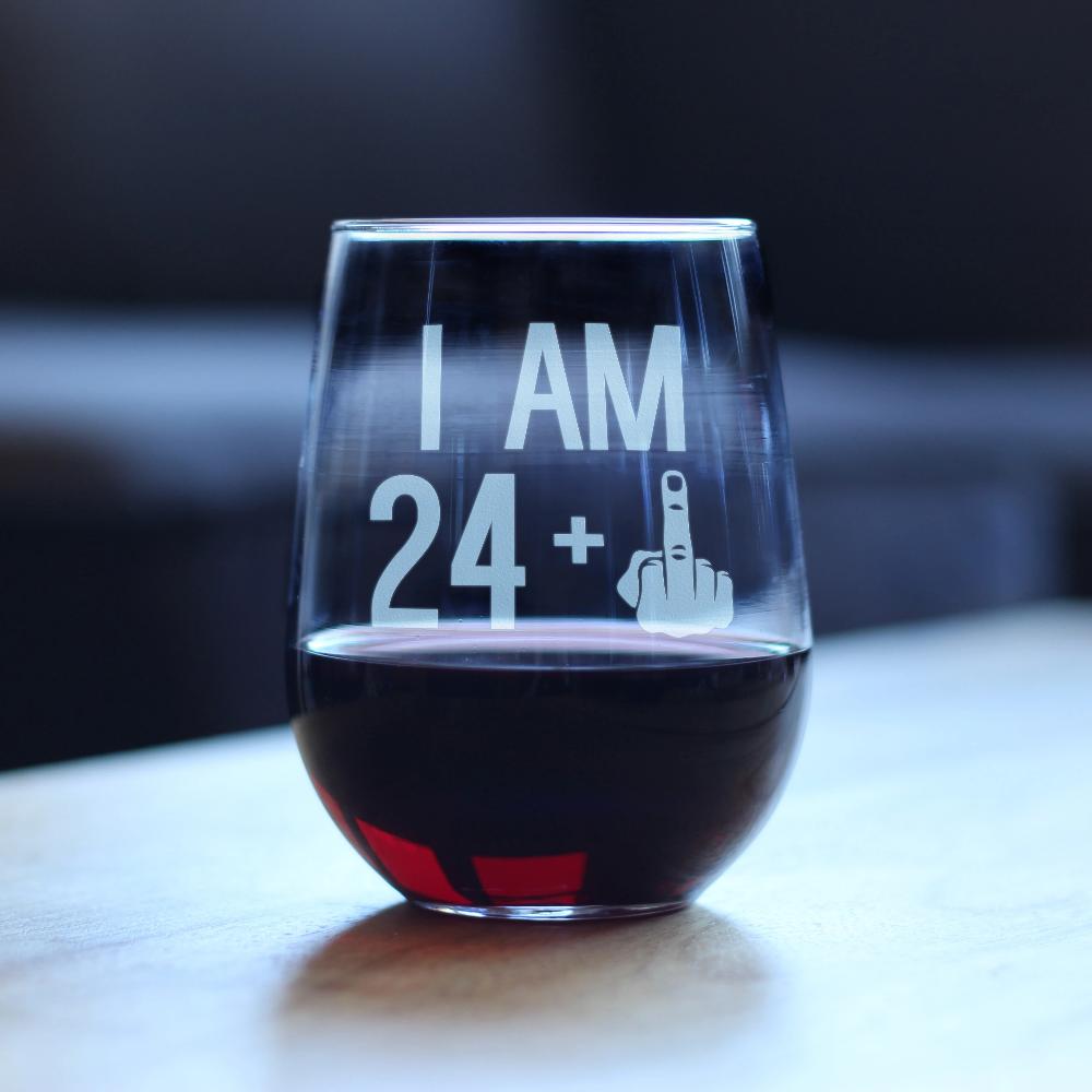 24 + 1 Middle Finger - 25th Birthday Stemless Wine Glass for Women &amp; Men - Cute Funny Wine Gift Idea - Unique Personalized Bday Glasses for Best Friends Turning 25 - Drinking Party Decoration