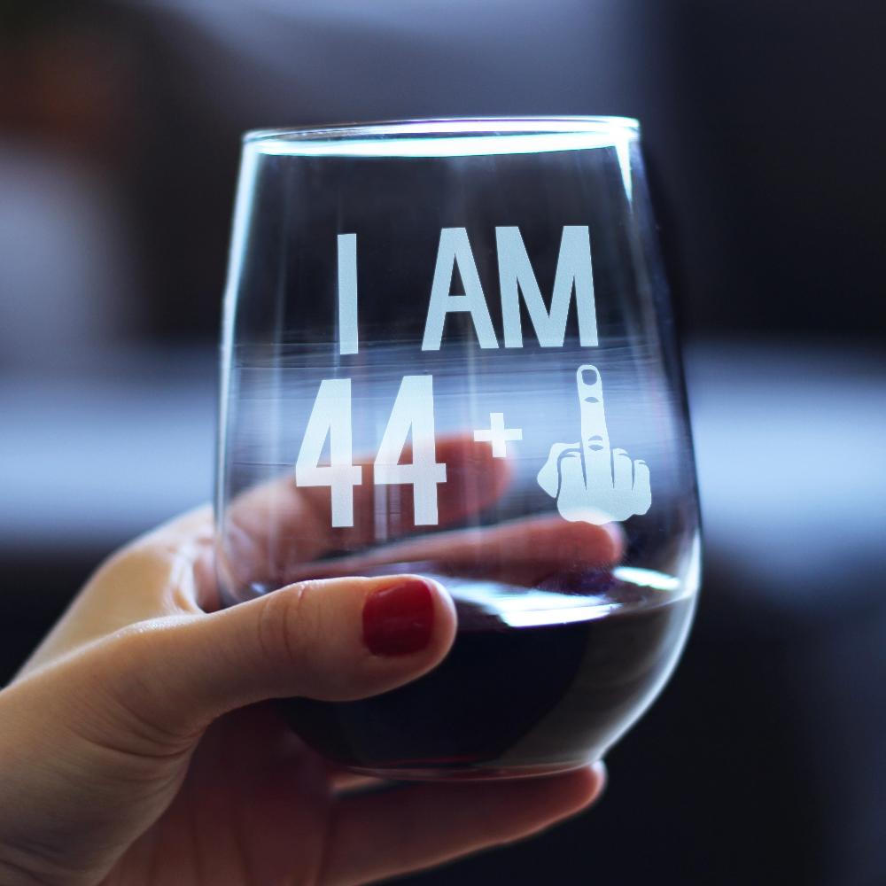 44 + 1 Middle Finger - 45th Birthday Stemless Wine Glass for Women &amp; Men - Cute Funny Wine Gift Idea - Unique Personalized Bday Glasses for Mom, Dad, Friend Turning 45 - Drinking Party Decoration