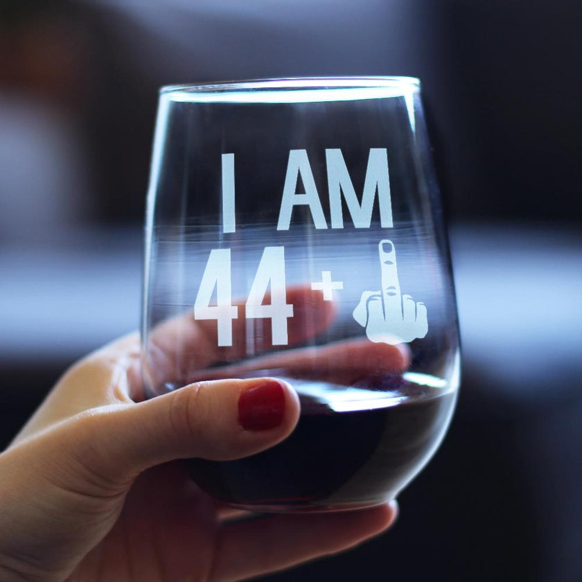 44 + 1 Middle Finger - 45th Birthday Stemless Wine Glass for Women & Men - Cute Funny Wine Gift Idea - Unique Personalized Bday Glasses for Mom, Dad, Friend Turning 45 - Drinking Party Decoration