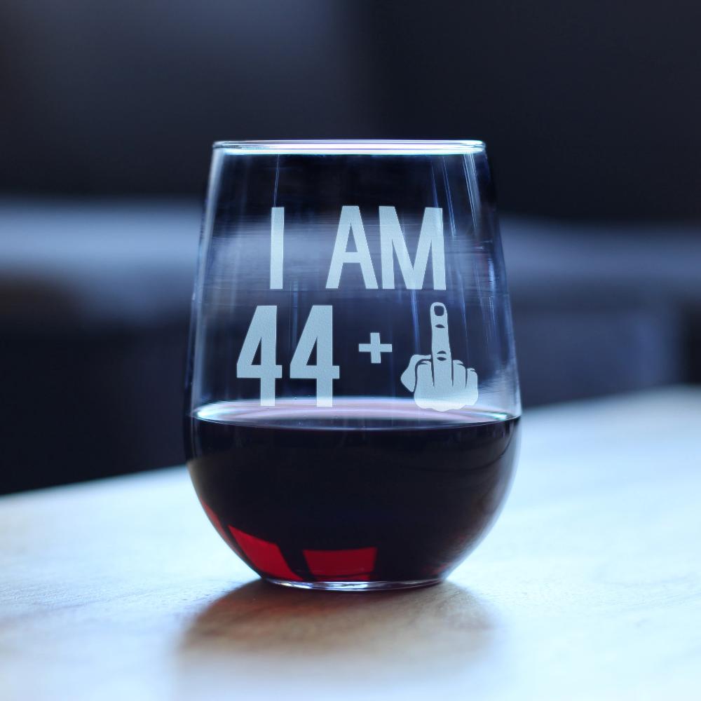 44 + 1 Middle Finger - 45th Birthday Stemless Wine Glass for Women &amp; Men - Cute Funny Wine Gift Idea - Unique Personalized Bday Glasses for Mom, Dad, Friend Turning 45 - Drinking Party Decoration