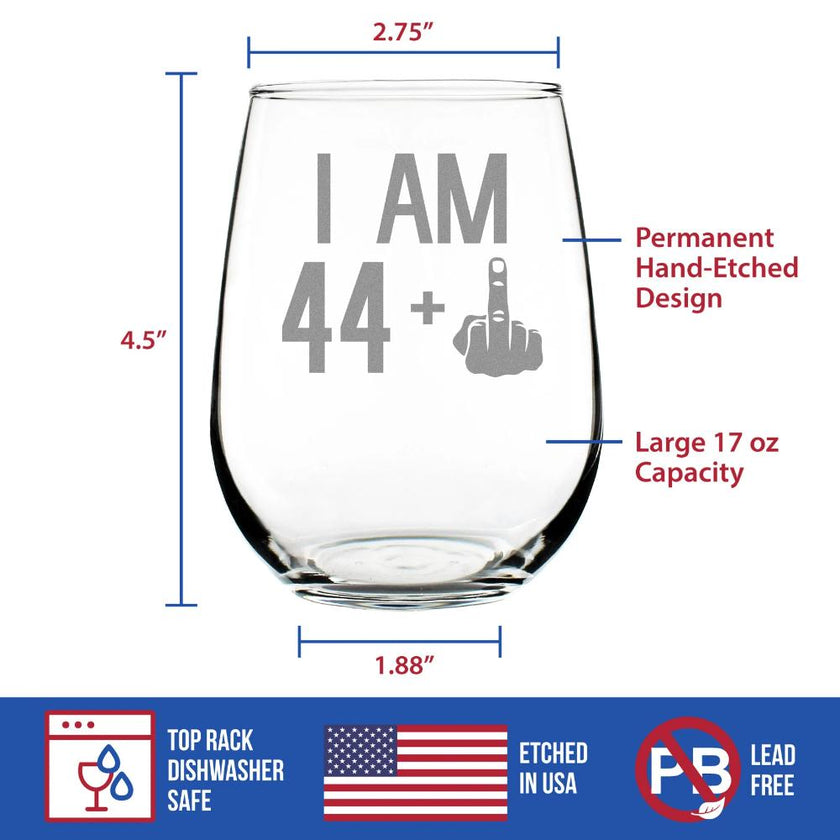 44 + 1 Middle Finger - 45th Birthday Stemless Wine Glass for Women & Men - Cute Funny Wine Gift Idea - Unique Personalized Bday Glasses for Mom, Dad, Friend Turning 45 - Drinking Party Decoration