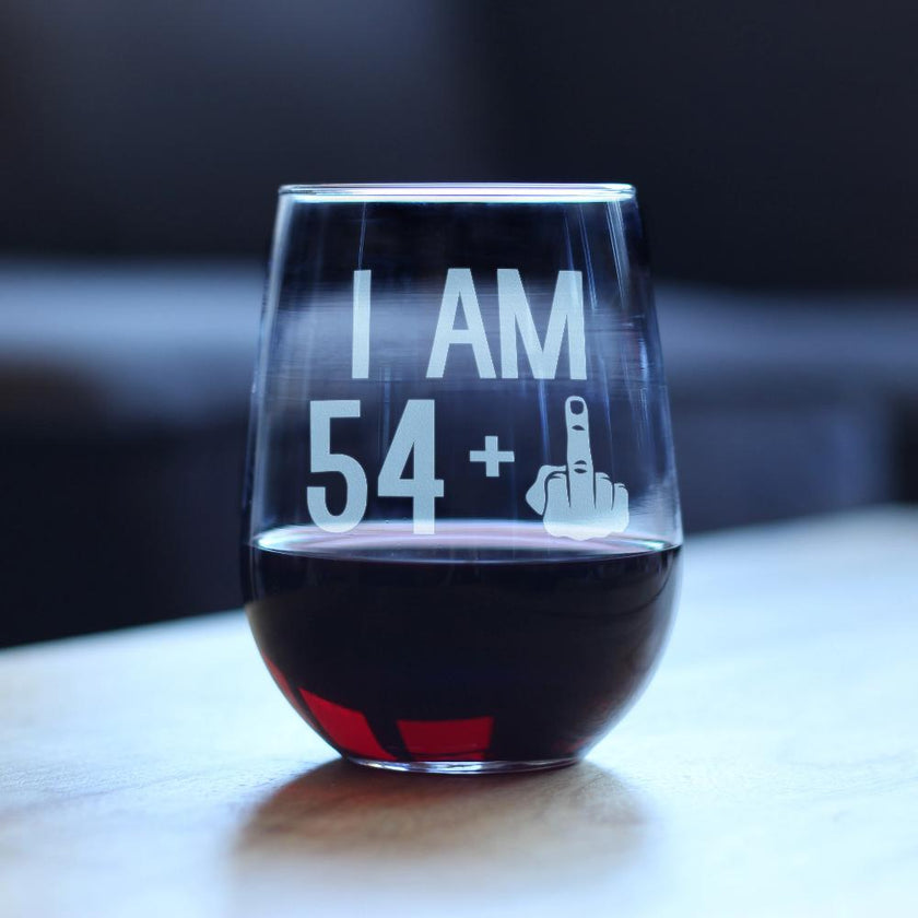 54 + 1 Middle Finger - 55th Birthday Stemless Wine Glass for Women & Men - Cute Funny Wine Gift Idea - Unique Personalized Bday Glasses for Mom, Dad, Friend Turning 55 - Drinking Party Decoration