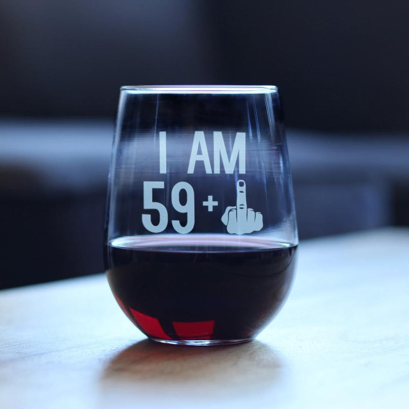 59 + 1 Middle Finger - 60th Birthday Stemless Wine Glass for Women & Men - Cute Funny Wine Gift Idea - Unique Personalized Bday Glasses for Best Friend Turning 60 - Drinking Party Decoration