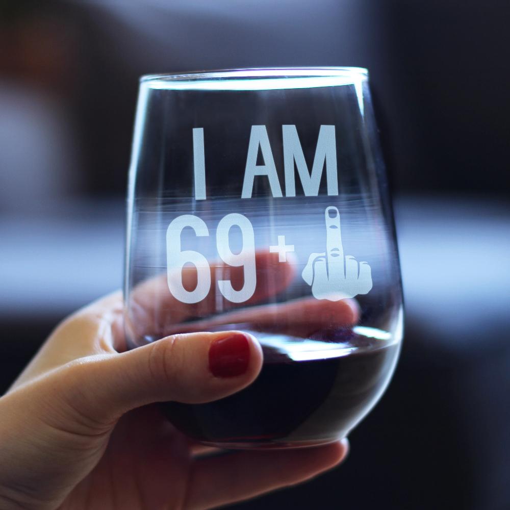 69 + 1 Middle Finger - 70th Birthday Stemless Wine Glass for Women &amp; Men - Cute Funny Wine Gift Idea - Unique Personalized Bday Glasses for Mom, Dad, Friend Turning 70 - Drinking Party Decoration