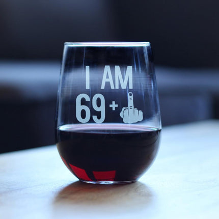 69 + 1 Middle Finger - 70th Birthday Stemless Wine Glass for Women & Men - Cute Funny Wine Gift Idea - Unique Personalized Bday Glasses for Mom, Dad, Friend Turning 70 - Drinking Party Decoration