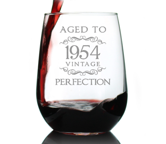 Aged to Perfection 1954 - 17 Ounce Stemless Wine Glass - Gift for Men and Women Turning 70