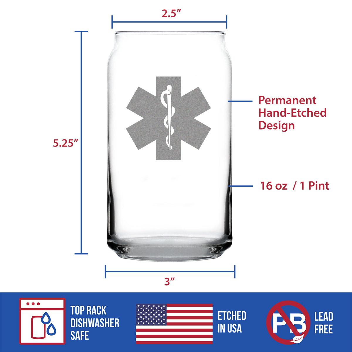 EMT Star of Life Beer Can Glass, EMS Themed Gifts for Paramedics and EMTs, 16 Oz Glasses