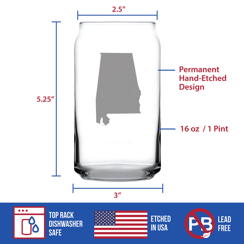 Alabama State Outline Beer Can Pint Glass - State Themed Drinking Decor and Gifts for Alabaman Women & Men - 16 Oz Glasses