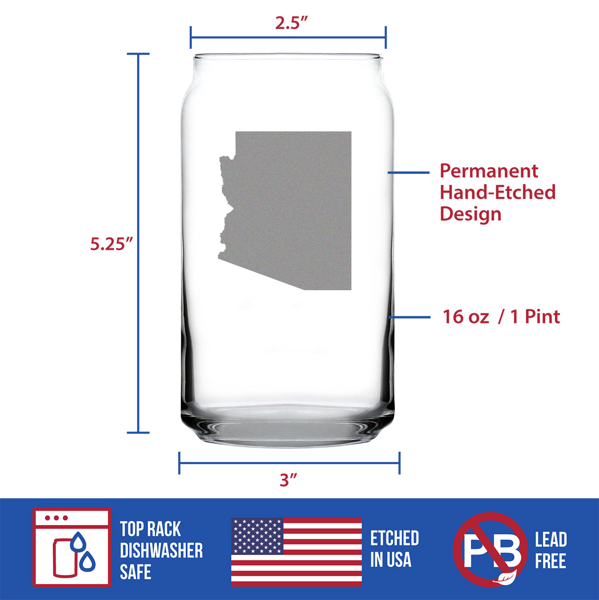 Arizona State Outline Beer Can Pint Glass - State Themed Drinking Decor and Gifts for Arizonan Women &amp; Men - 16 Oz Glasses