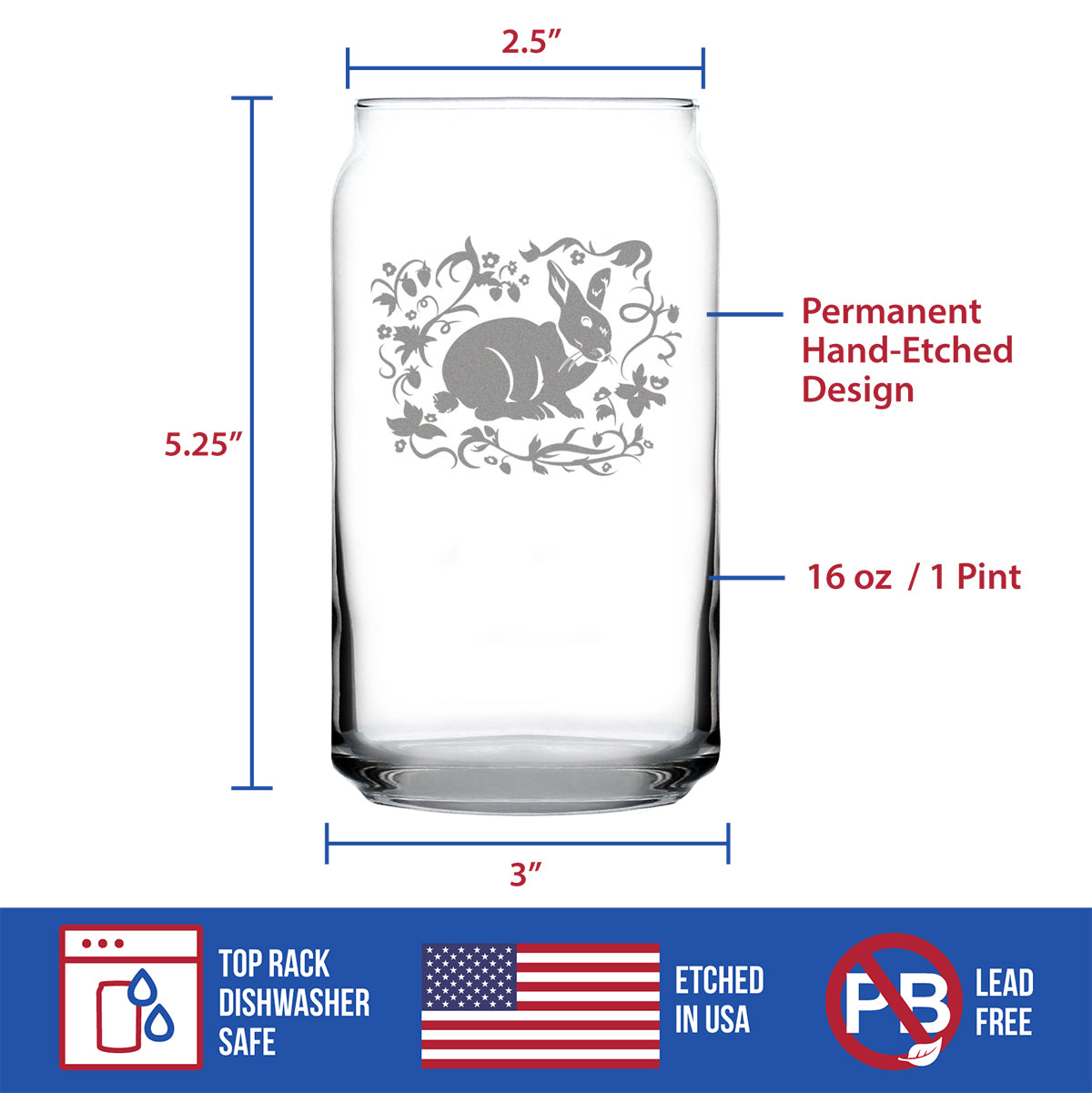 Berry Patch Bunny Rabbit - Beer Can Pint Glass - Hand Engraved Gifts for Men &amp; Women That Love Bunnies