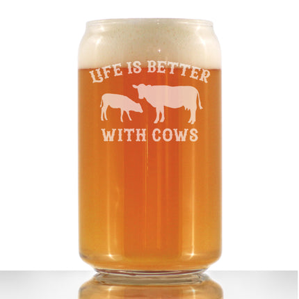 Life Is Better With Cows - Beer Can Pint Glass - Funny Cow Gifts and Decor for Men & Women - 16 Oz Glasses