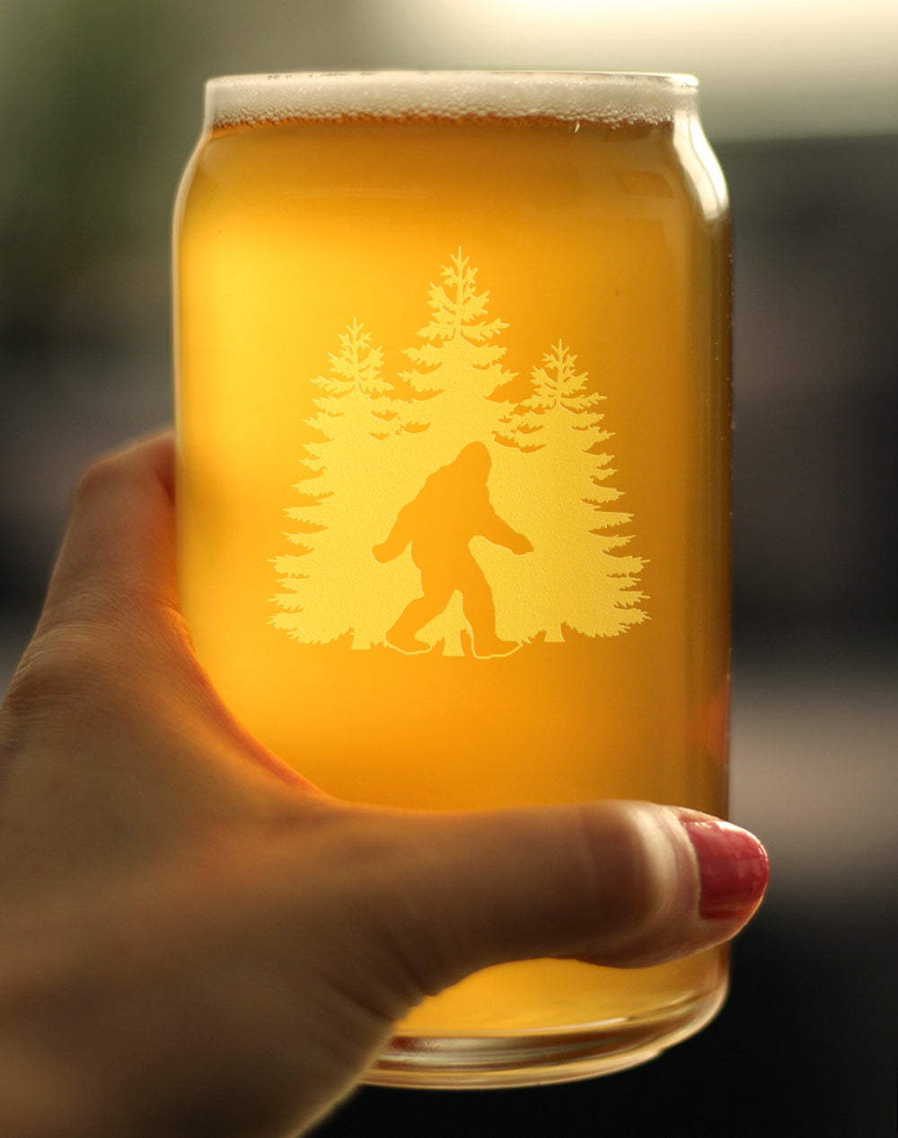 Bigfoot Engraved Beer Can Pint Glass, Unique Sasquatch Themed Gifts, Funny Gift Idea for Outdoorsmen