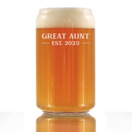 Great Aunt Est. 2023 - Bold - 16 oz Beer Can Pint Glass - Etched Sayings, Women's Gifts & Baby Reveal