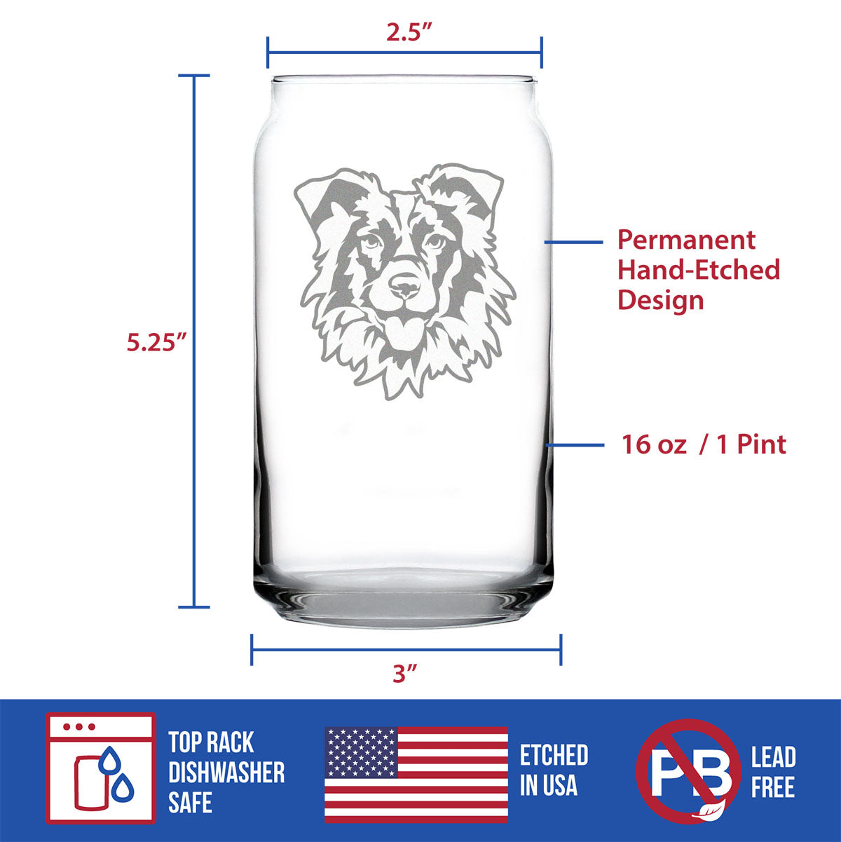 Border Collie Face Beer Can Pint Glass - Unique Dog Themed Decor and Gifts for Moms &amp; Dads of Border Collies - 16 Oz