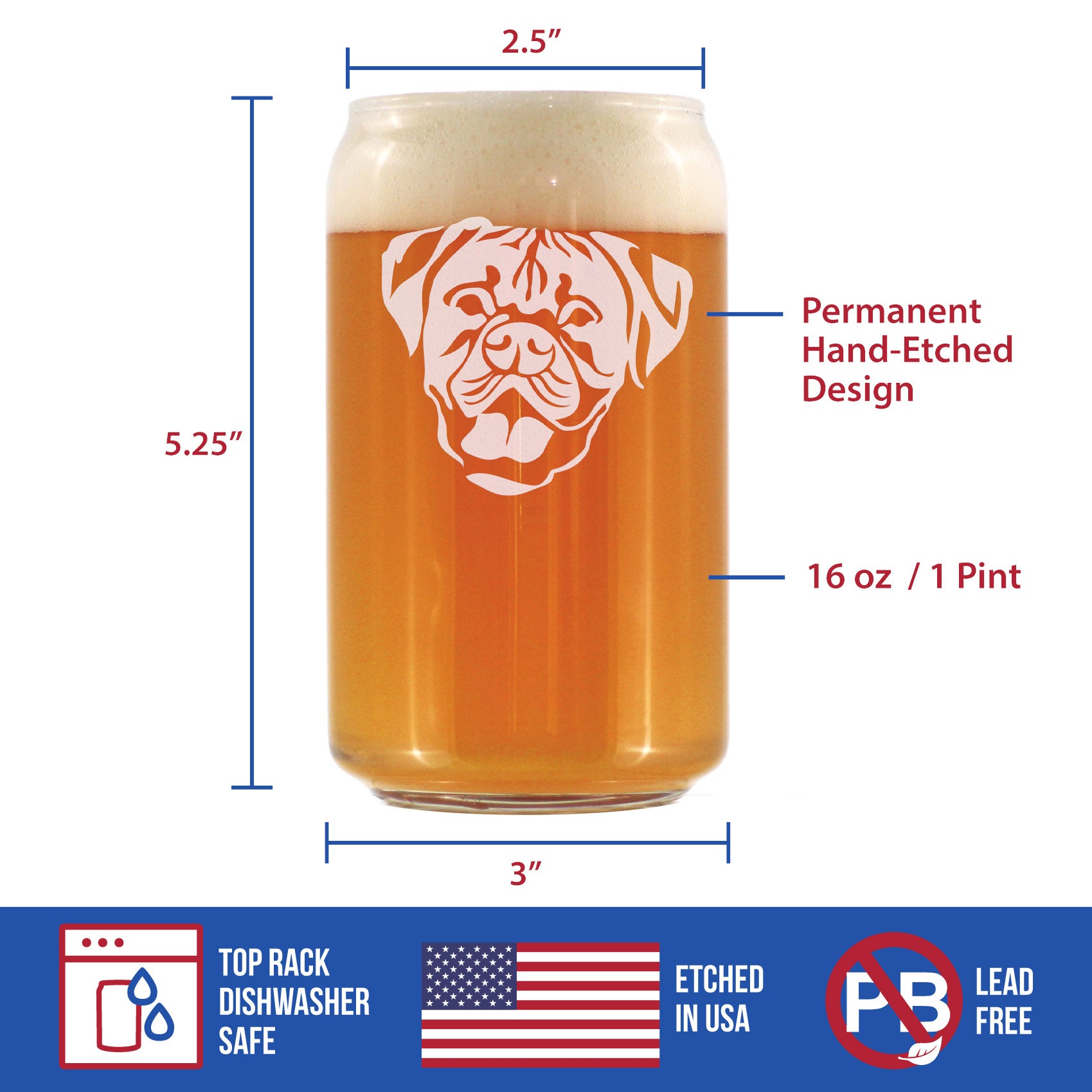 Boxer with Natural Ears - Beer Can Pint Glass - Fun Unique Boxer Themed Dog Gifts and Party Decor for Women and Men - 16 oz