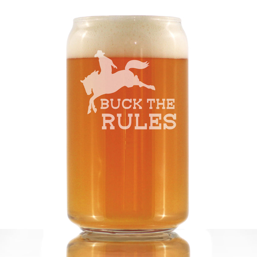 Buck the Rules - Funny Horse Beer Can Pint Glass Gifts for Men & Women - Fun Unique Equestrian Decor
