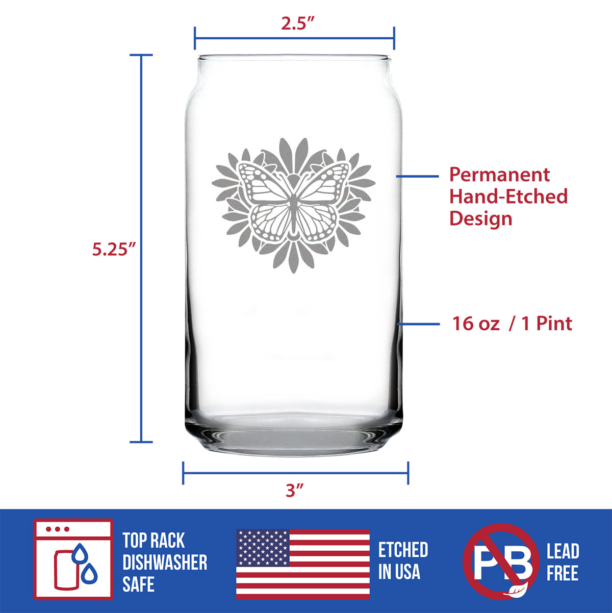 Monarch Butterfly Beer Can Pint Glass - Floral Decor and Outdoorsy Gifts for Gardeners - 16 oz Glasses