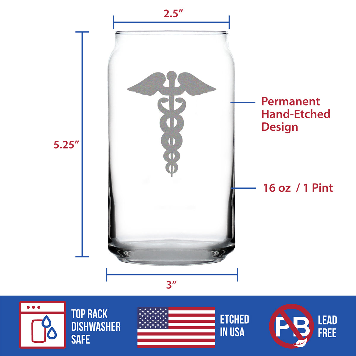 Caduceus Medical Symbol - Beer Can Pint Glass for Essential Healthcare Workers, Doctors, Nurses, Medical Staff - 16 oz Glasses