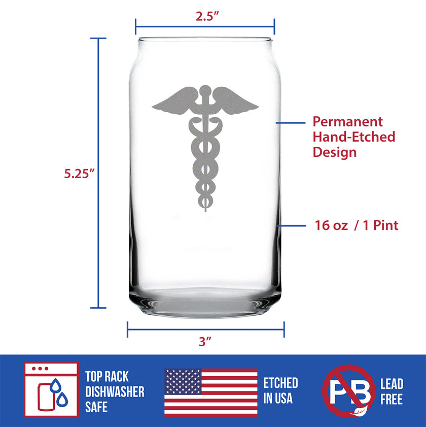 Caduceus Medical Symbol - Beer Can Pint Glass for Essential Healthcare Workers, Doctors, Nurses, Medical Staff - 16 oz Glasses