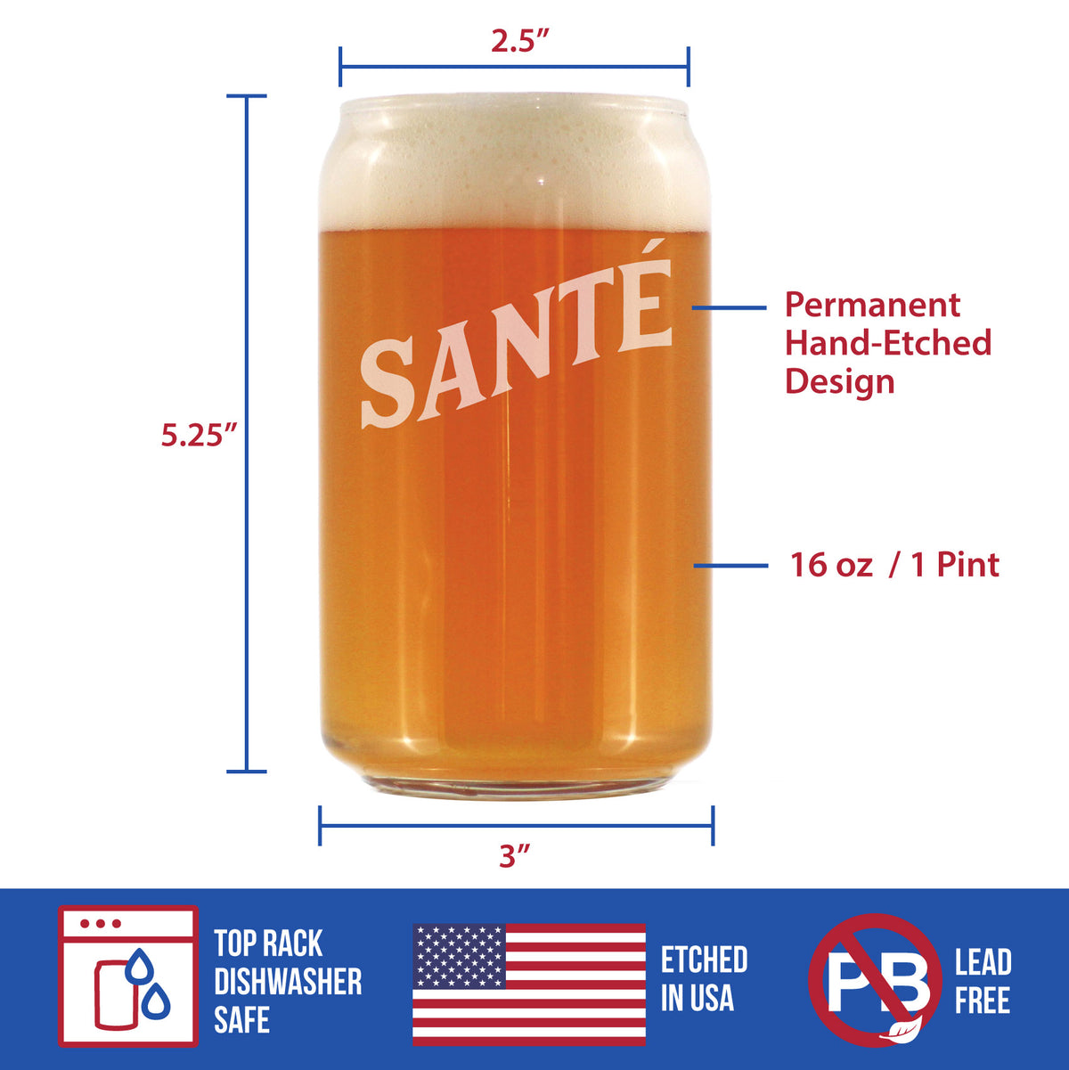Sante - French Cheers - Fun Beer Can Pint Glasses - Cute France Themed Gifts or Party Decor for Men and Women - 16 oz