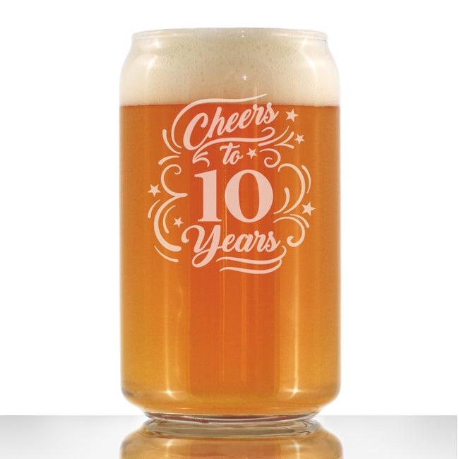Cheers to 10 Years - Beer Can Pint Glass Gifts for Women & Men - 10th Anniversary Party Decor - 16 Oz Glass