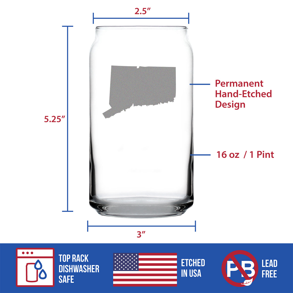 Connecticut State Outline Beer Can Pint Glass - State Themed Drinking Decor and Gifts for Connecticuters and Nutmegger Women &amp; Men - 16 Oz Glasses
