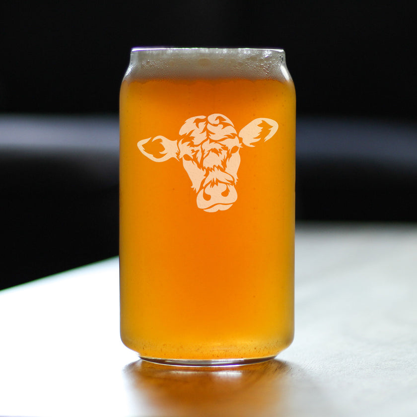Cow Face Beer Can Pint Glass - Western Themed Farm Decor and Gifts for Cowboys and Girls - 16 Oz Glasses