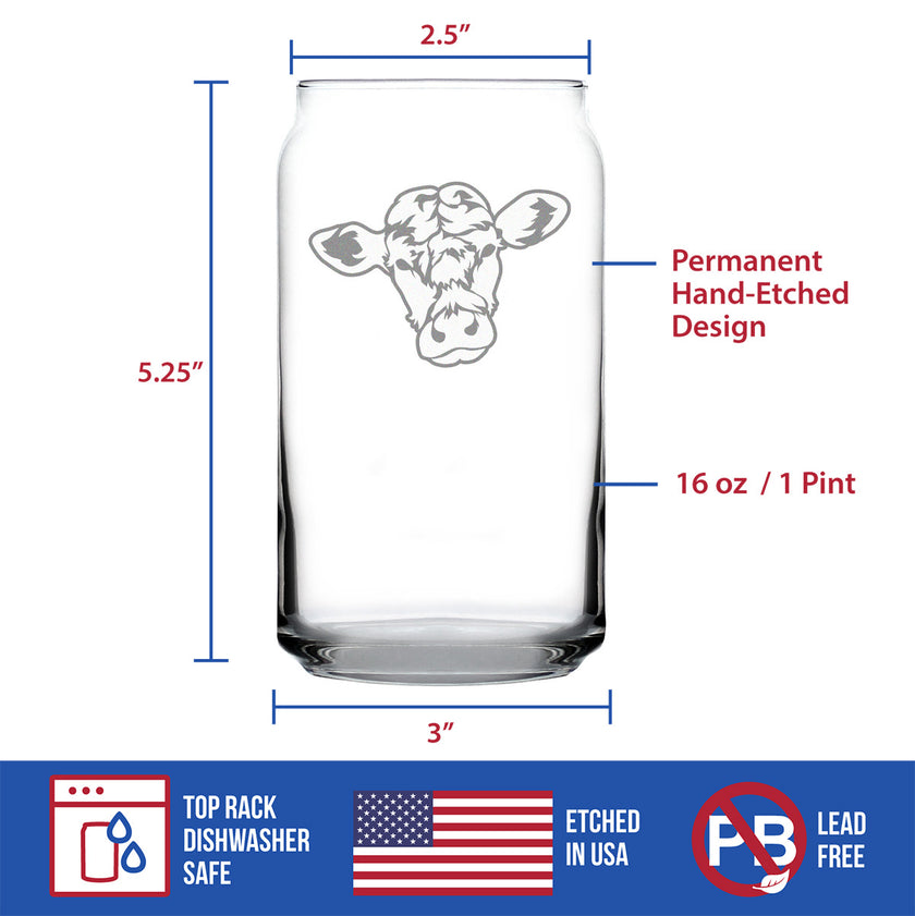 Cow Face Beer Can Pint Glass - Western Themed Farm Decor and Gifts for Cowboys and Girls - 16 Oz Glasses