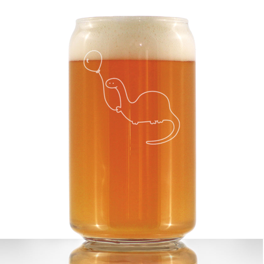 Dinosaur With Birthday Balloon - Beer Can Pint Glass - Cute Funny Dino Themed Gifts and Decor for Dinosaur Lovers - 16 oz Glass