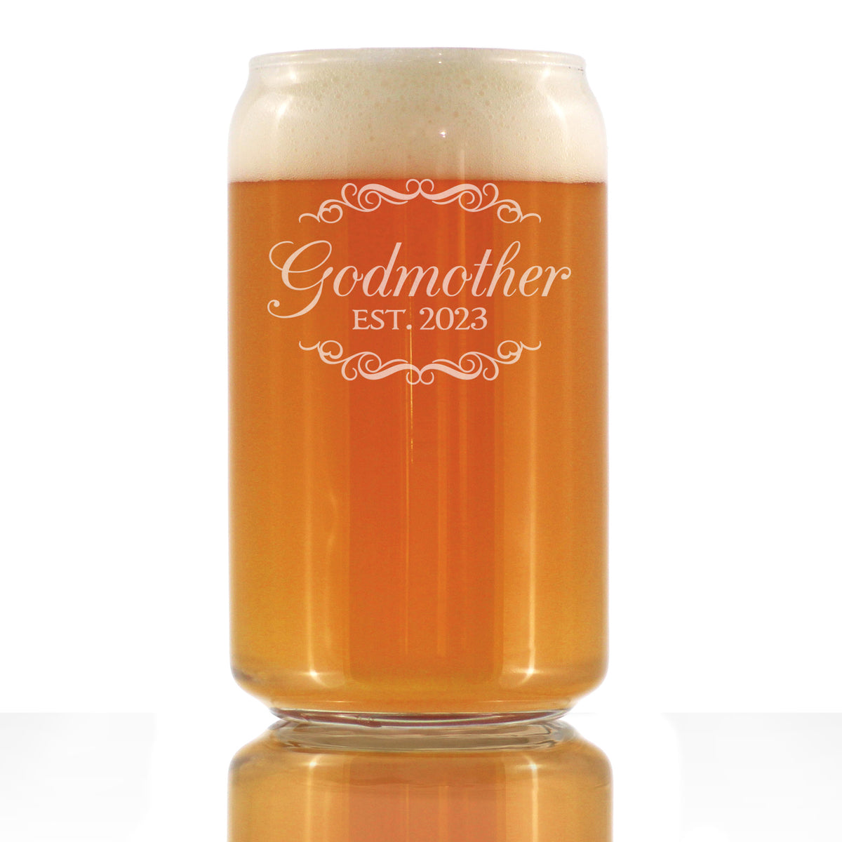 Godmother Est. 2023 - Decorative 16 oz Beer Can Pint Glass - Etched Sayings, Cute and Fun Reveal Gift for Godparents