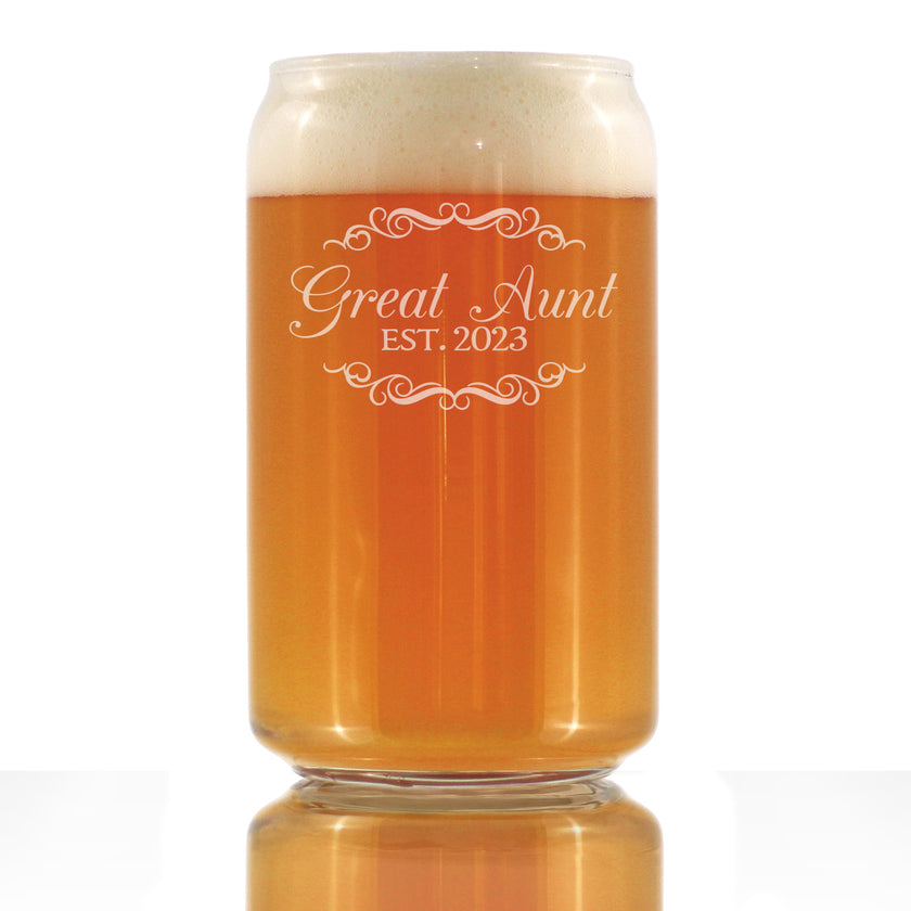 Great Aunt Est. 2023 - Decorative - 16 oz Beer Can Pint Glass - Etched Sayings, Women's Gifts & Baby Reveal