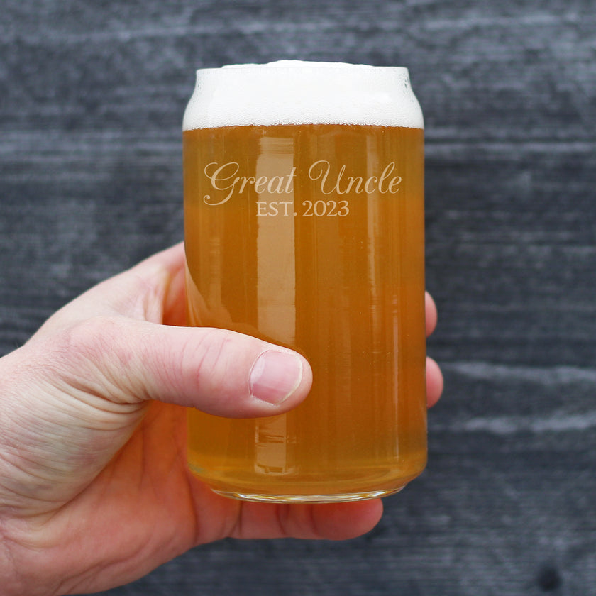 Great Uncle Est. 2023 - Decorative - 16 oz Beer Can Pint Glass - Etched Sayings Baby Shower Gifts & Baby Reveal for Uncles